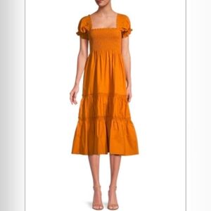 🌼 CAARA Daphne Smocked & Tiered Midi Dress – Marigold, Size Medium